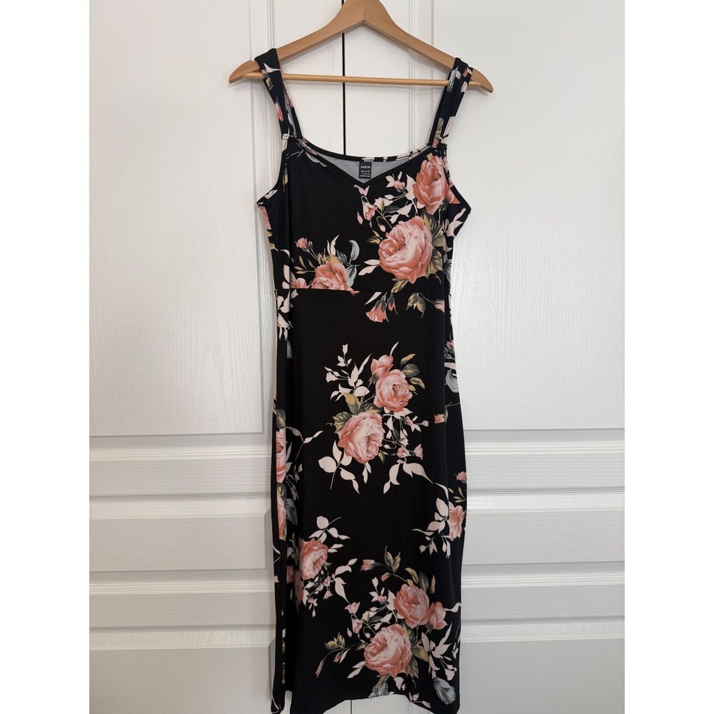 SHEIN L Floral Bodycon Midi Dress Black Pink Sleeveless Stretch